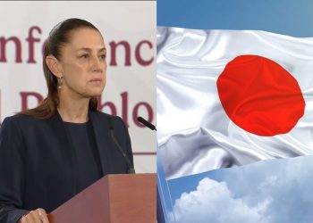 Left: a Woman Speaks at a Wooden Podium; Right: the Japanese Flag Waving Against a Blue Sky (collage). - Capitanes Regios