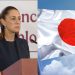 Sheinbaum-japon-sismo - Capitanes Regios Left: a Woman Speaks at a Wooden Podium; Right: the Japanese Flag Waving Against a Blue Sky (collage). - Capitanes Regios
