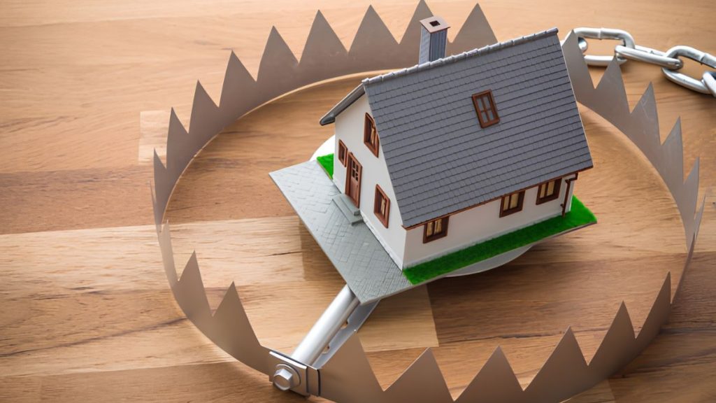 Model House Placed on a Platform Inside a Jagged Circular Saw Blade, Symbolizing Risk to Home Ownership or Danger to Homes. - Capitanes Regios