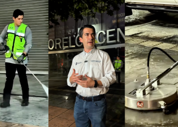 Three-panel Collage Showing: a Worker Power-washing a Floor in a High-visibility Vest, a Man in a White Shirt Speaking in Front of a Storefront, and a Floor-grinding Machine on a Wet Surface. - Capitanes Regios