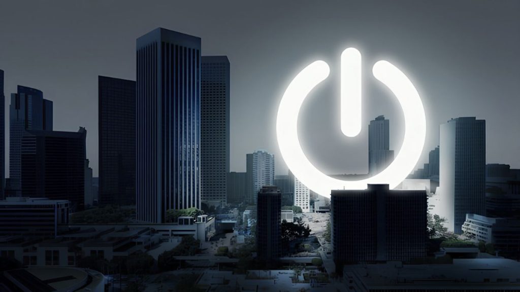 Large Glowing Power Button Symbol over a Nighttime City Skyline, Suggesting a Tech-powered City. - Capitanes Regios