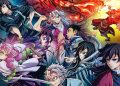 Group of Anime Sword-wielding Warriors in Dynamic Battle Poses Against a Colorful Fantasy Backdrop. - Capitanes Regios