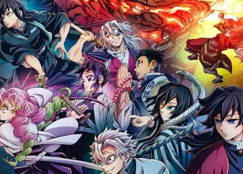 Group of Anime Sword-wielding Warriors in Dynamic Battle Poses Against a Colorful Fantasy Backdrop. - Capitanes Regios