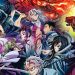 Group of Anime Sword-wielding Warriors in Dynamic Battle Poses Against a Colorful Fantasy Backdrop. - Capitanes Regios