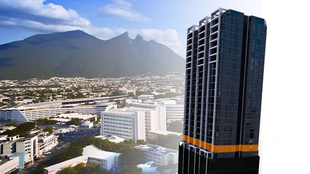 Rascacielos Alto De Cristal Oscuro Con Una Franja Naranja, Con Vistas a Una Ciudad Y Montañas Lejanas Al Fondo. - Capitanes Regios