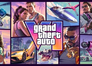 Collage of Gta Characters and Vehicles Surrounding the Grand Theft Auto Logo on a Colorful Backdrop, Showcasing Action Scenes and Sports Cars. - Capitanes Regios