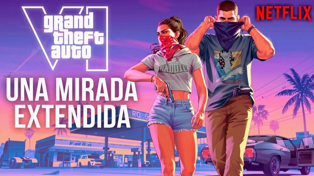 Promotional Artwork: Two Masked Characters Walking in Front of a Neon-tinted Gas Station Backdrop, Gta-style, with Netflix Branding and the Title Una Mirada Extendida. - Capitanes Regios