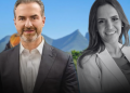 Two Professionals—man in a Dark Suit and White Shirt, and a Woman in a Light Blazer—stand Side by Side Outdoors with Blue Sky and Mountains in the Background; Man Side Colored, Woman in Grayscale. - Capitanes Regios