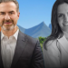 Two Professionals—man in a Dark Suit and White Shirt, and a Woman in a Light Blazer—stand Side by Side Outdoors with Blue Sky and Mountains in the Background; Man Side Colored, Woman in Grayscale. - Capitanes Regios